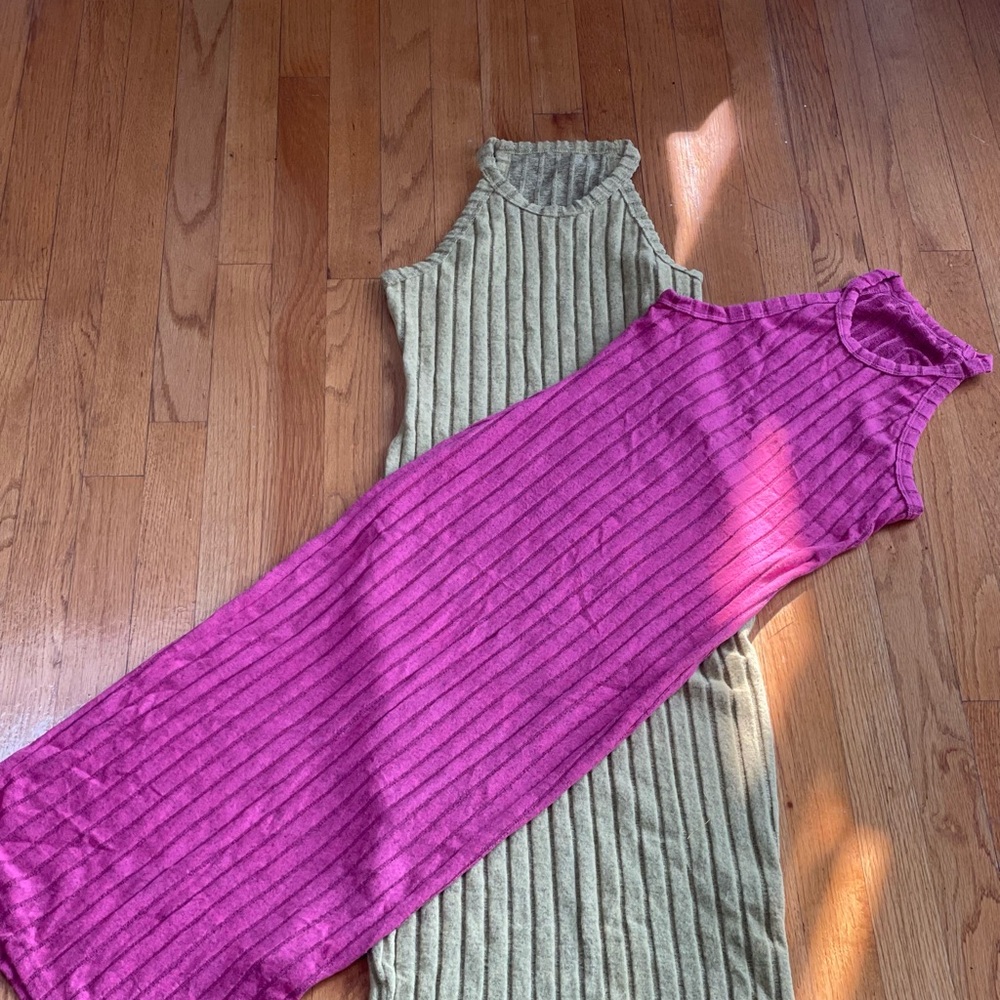Sleeveless Ribbed Knit Dress - Pink and Green Bundle
